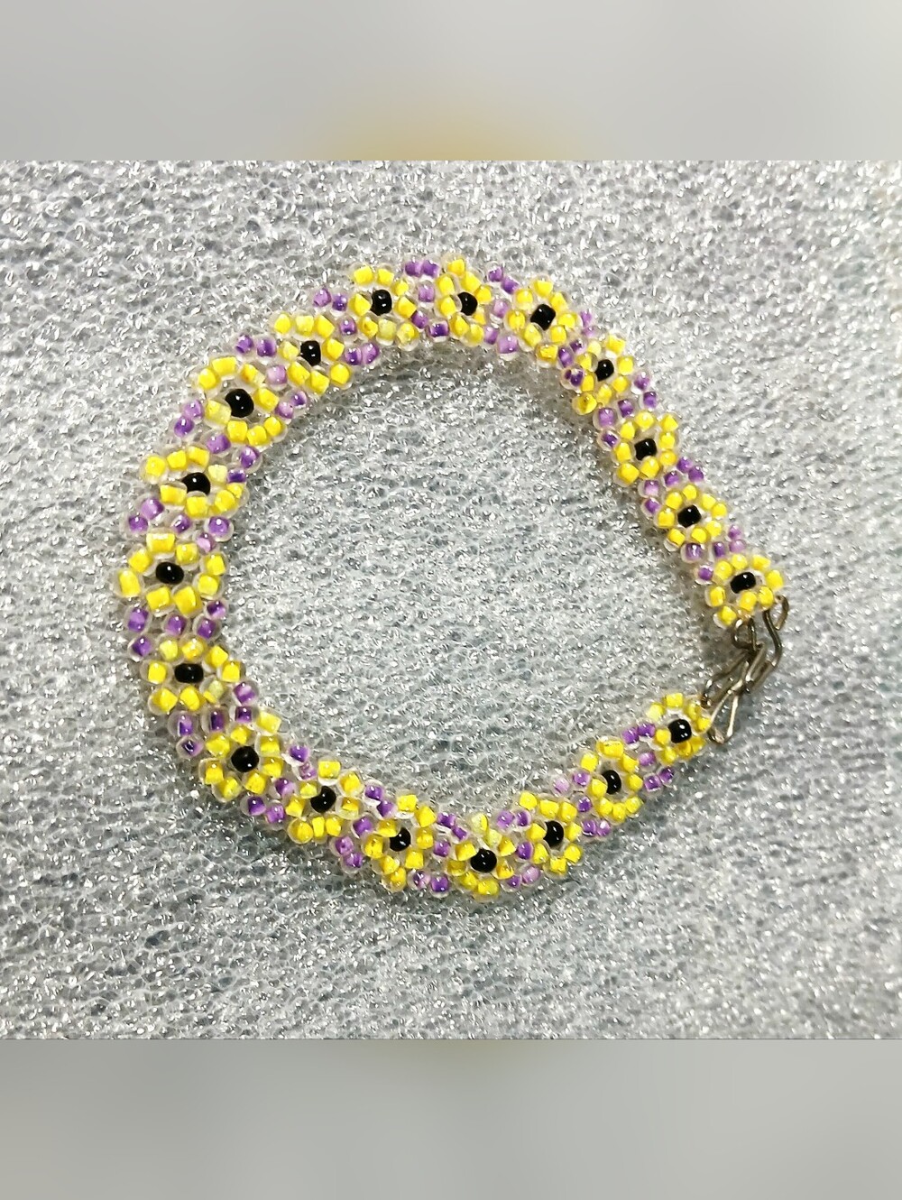 Handmade Yellow & Purple Seed Bead Flower Bracelet